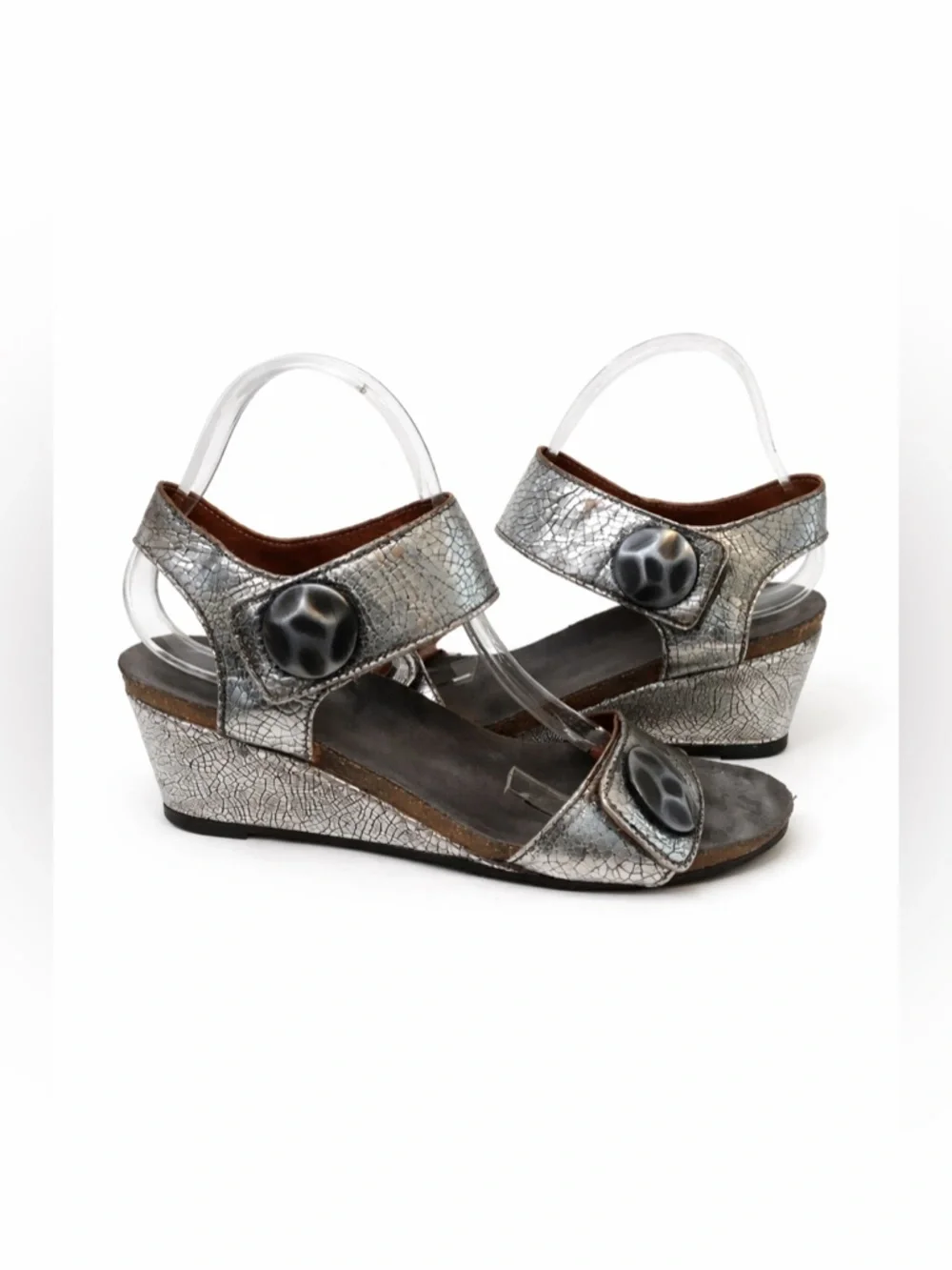 Taos Footwear Women's Silver Metallic Wedge Sandals with Button Accent 40